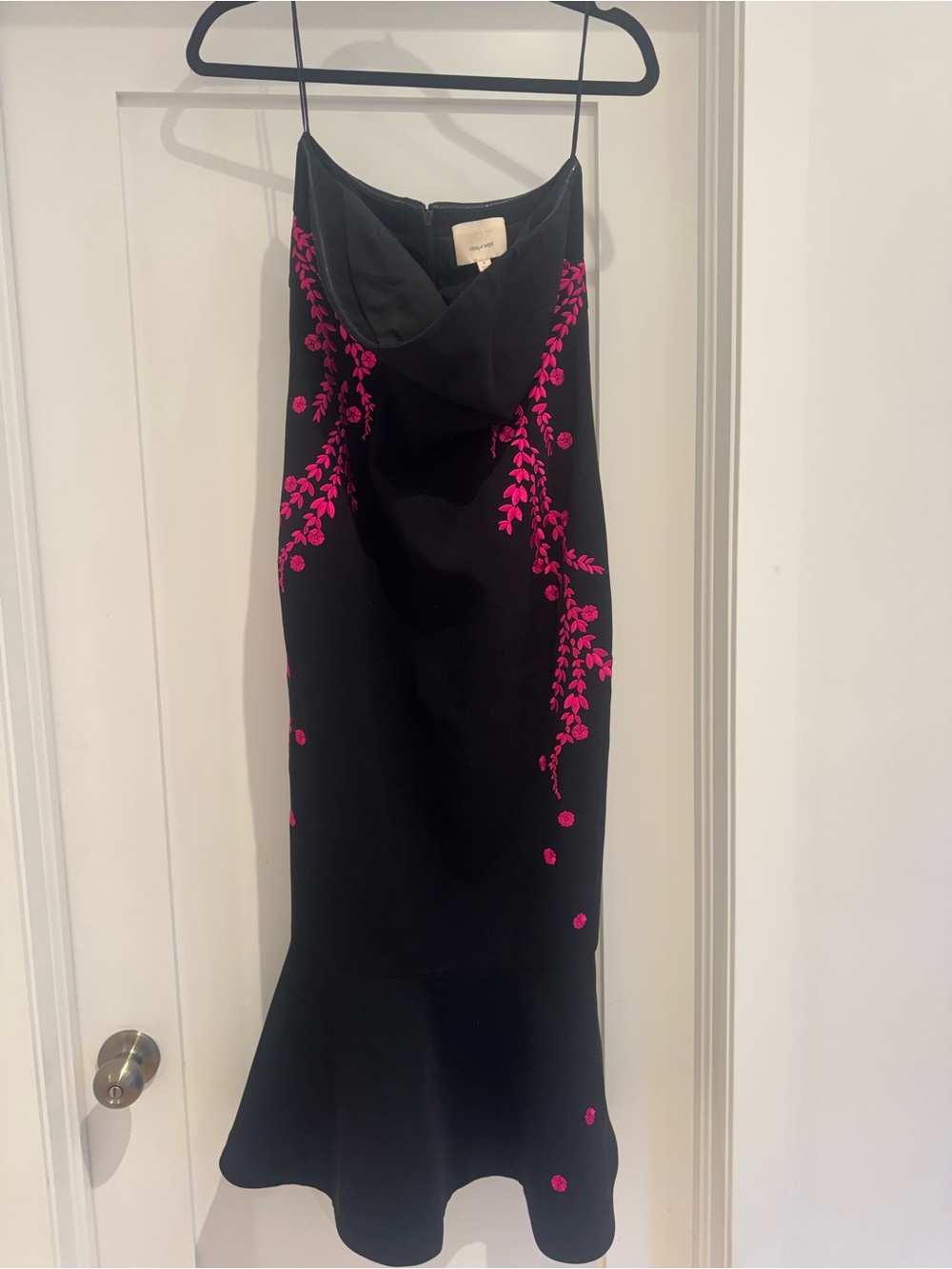 cinq a sept Black Midi Slip Dress with Fuchsia Embroidery